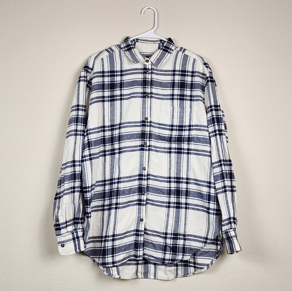 Men's GAP Blue and White Plaid Button Down Long Sleeve Cotton Shirt Size S tall